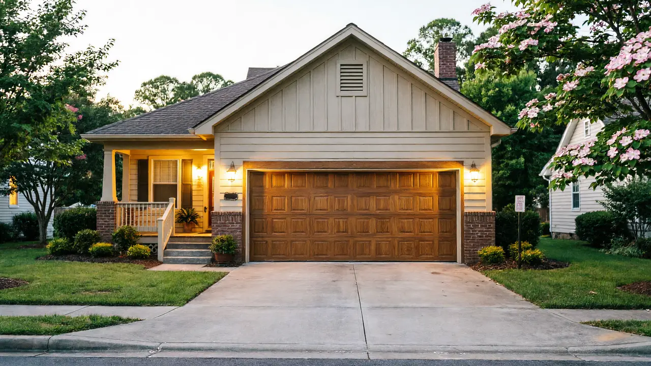 A light-colored house has a brown garage door and a lit porch.