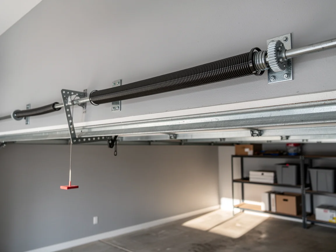 A garage door torsion spring system is mounted above the garage door.